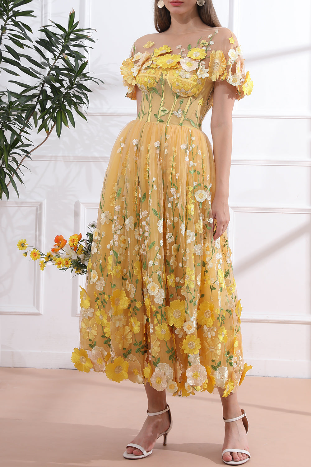 Strapless Floral Corset Yellow Dress with Removable Cape