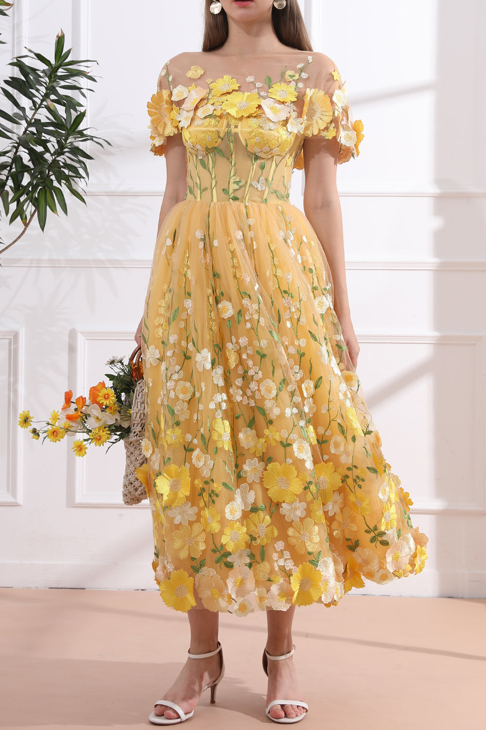 Strapless Floral Corset Yellow Dress with Removable Cape