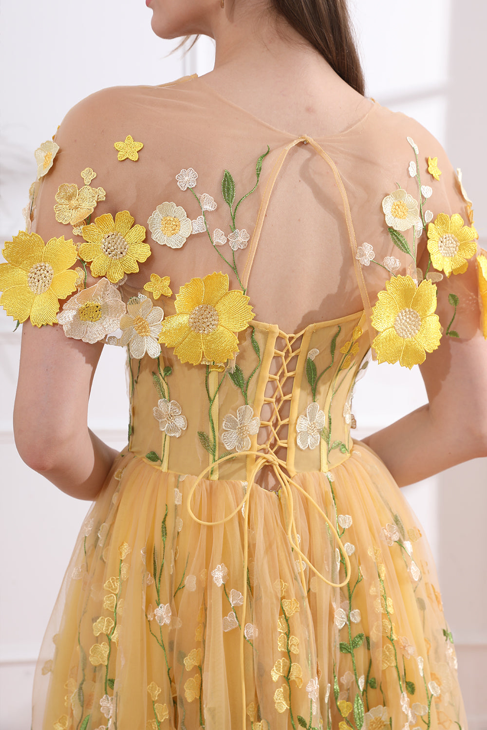 Strapless Floral Corset Yellow Dress with Removable Cape