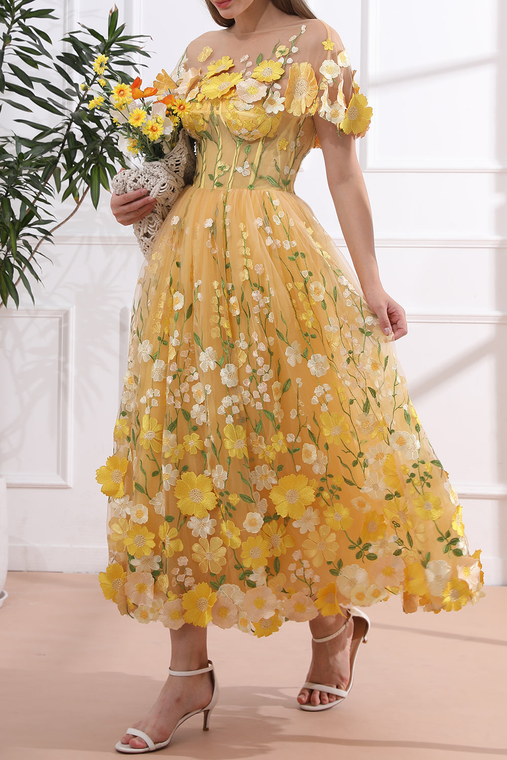 MissJophiel Strapless Floral Corset Yellow Dress with Removable Cape Yellow Floral / Tea Length / Custom Size / Plus Size