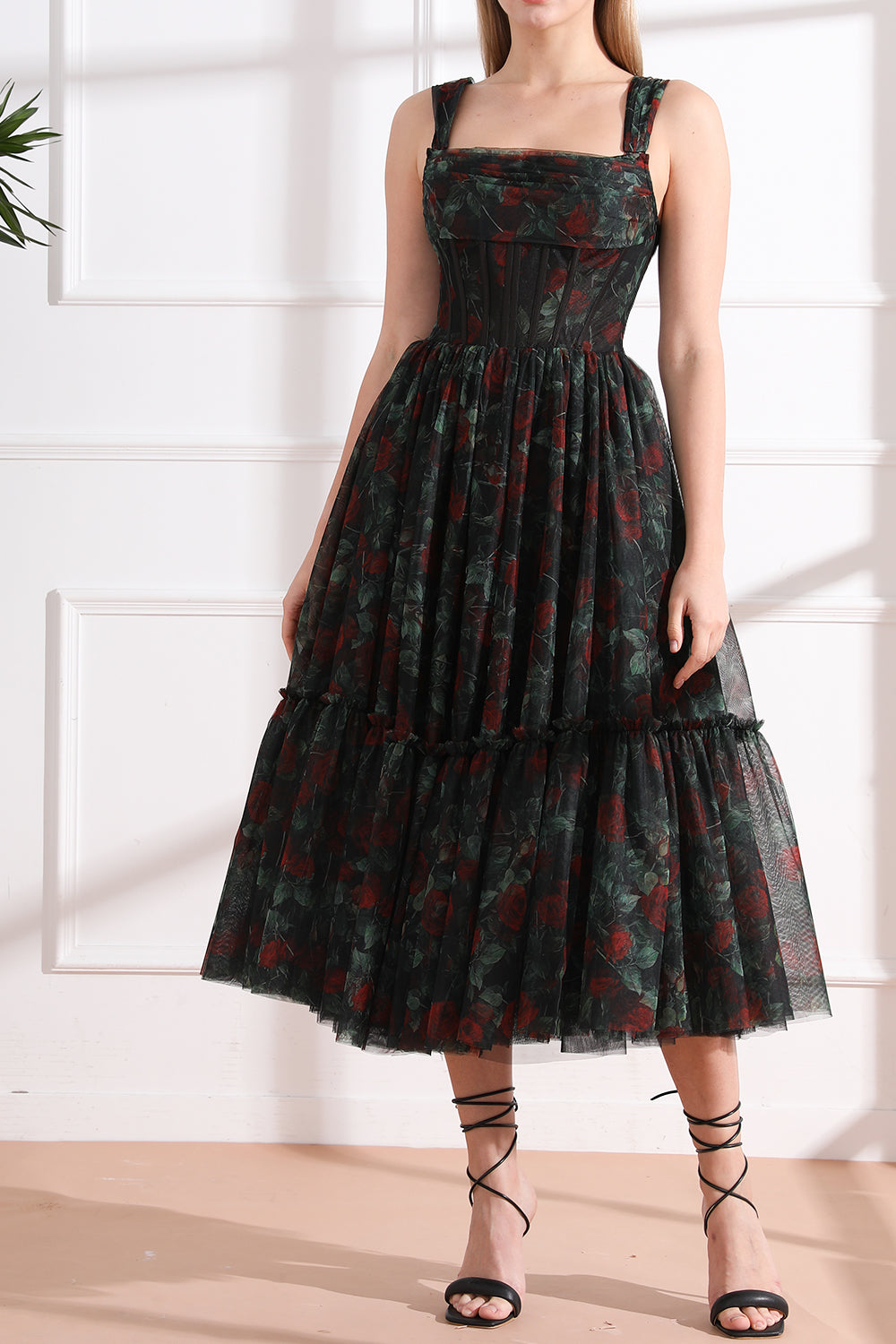 Corset Tulle Black Rose Floral Print Dress with Removable Straps