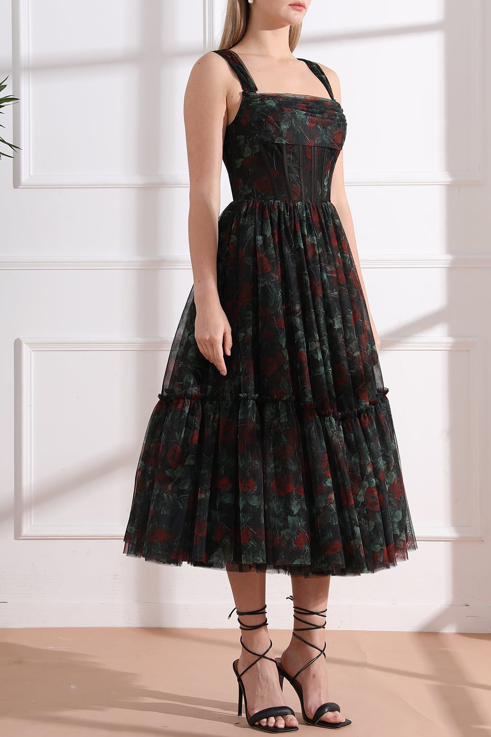 Corset Tulle Black Rose Floral Print Dress with Removable Straps
