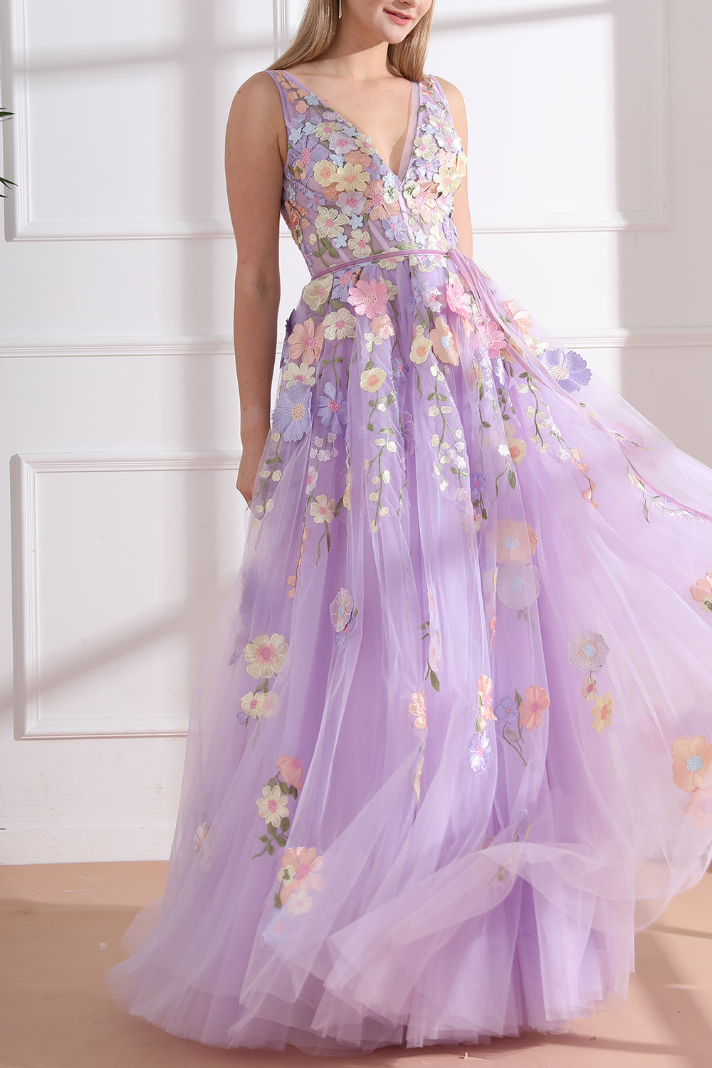 Straps V Neck Embroidery Floral Corset Lavender Dress