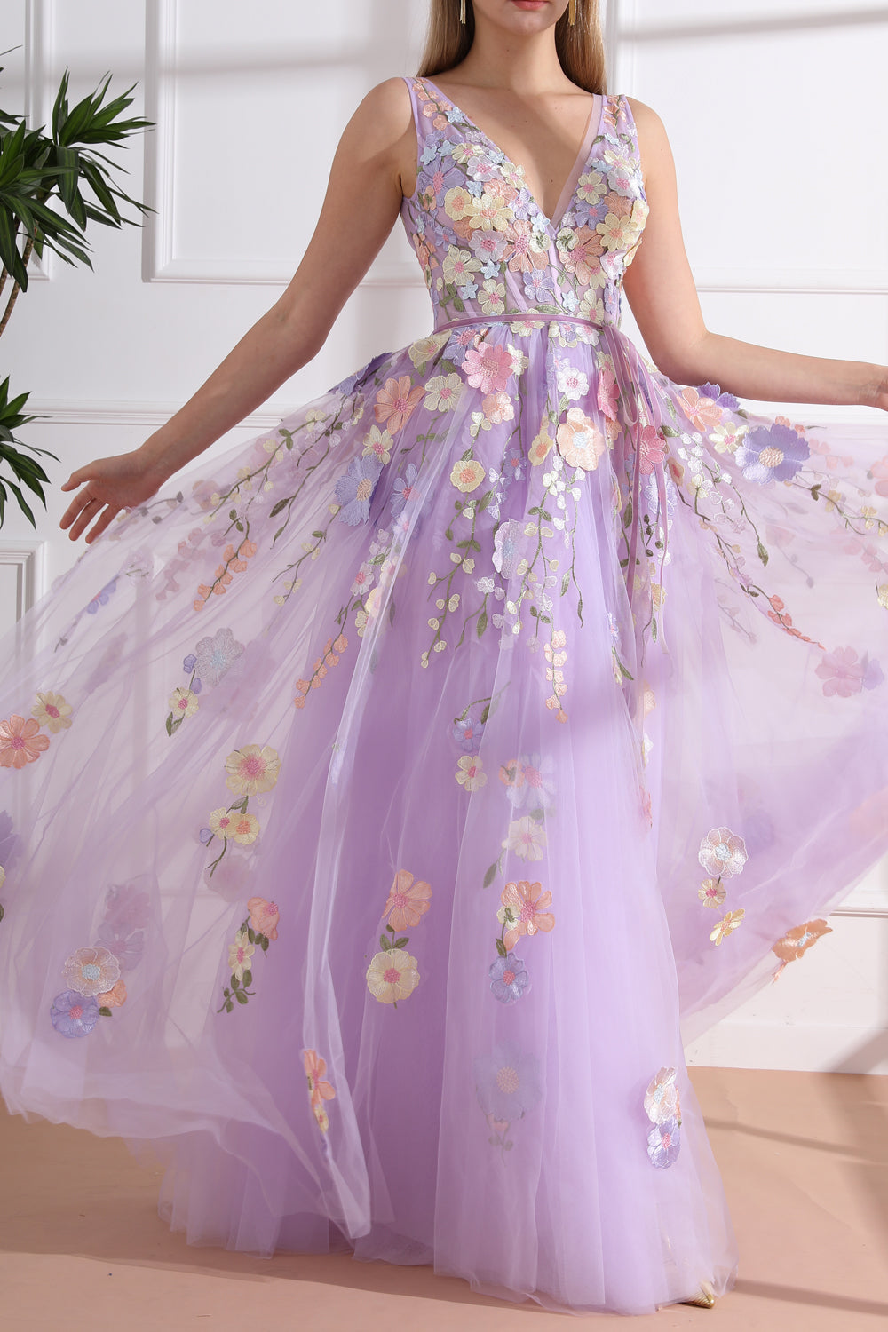 MissJophiel Straps V Neck Embroidery Floral Corset Lavender Dress