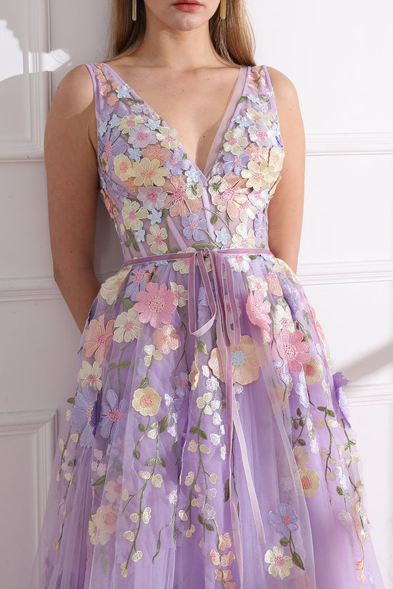 Embroidery Floral Corset Lavender Dress with Removable Tie Straps