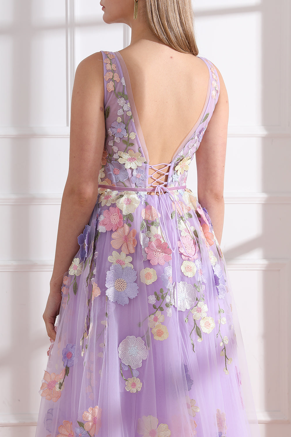 Straps V Neck Embroidery Floral Corset Lavender Dress