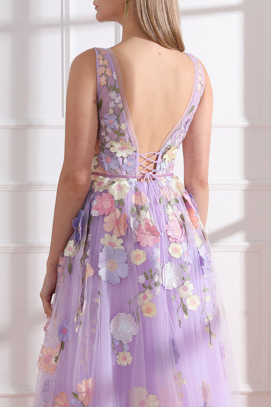 Lavender Embroidery Floral Corset Mini Dress with Removable Straps