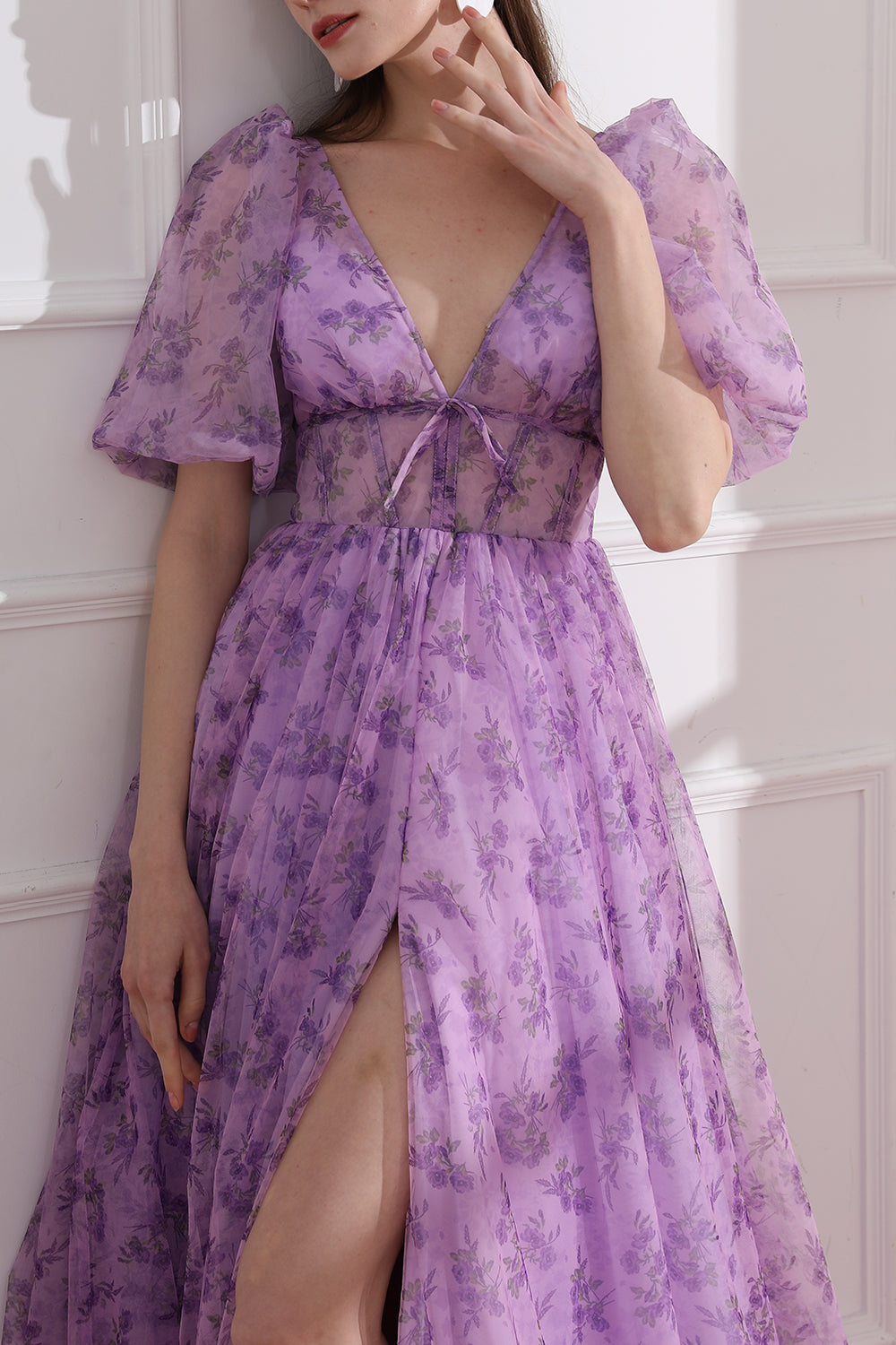 Puff Sleeves V Neck Lavender Floral Print Tulle Dress