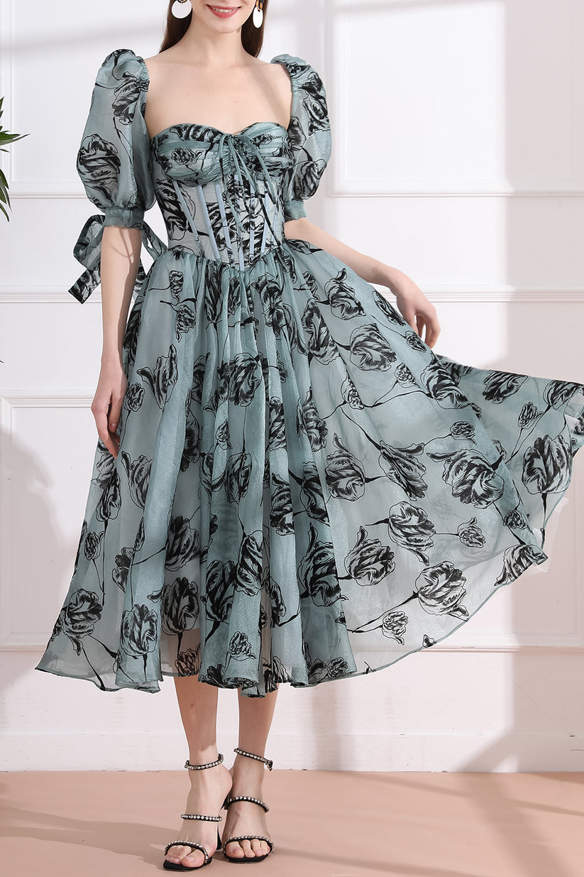 MissJophiel Corset Floral Print Organza Midi Dress with removable puff