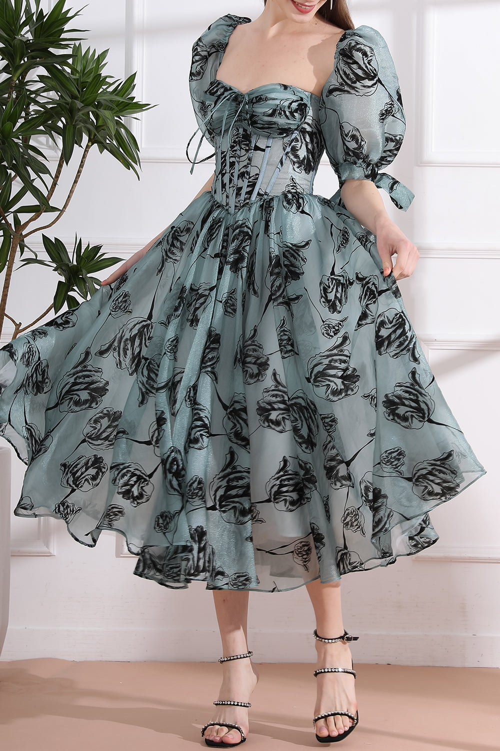 MissJophiel Corset Floral Print Organza Midi Dress with removable puff sleeves Other / Tea Length / US4