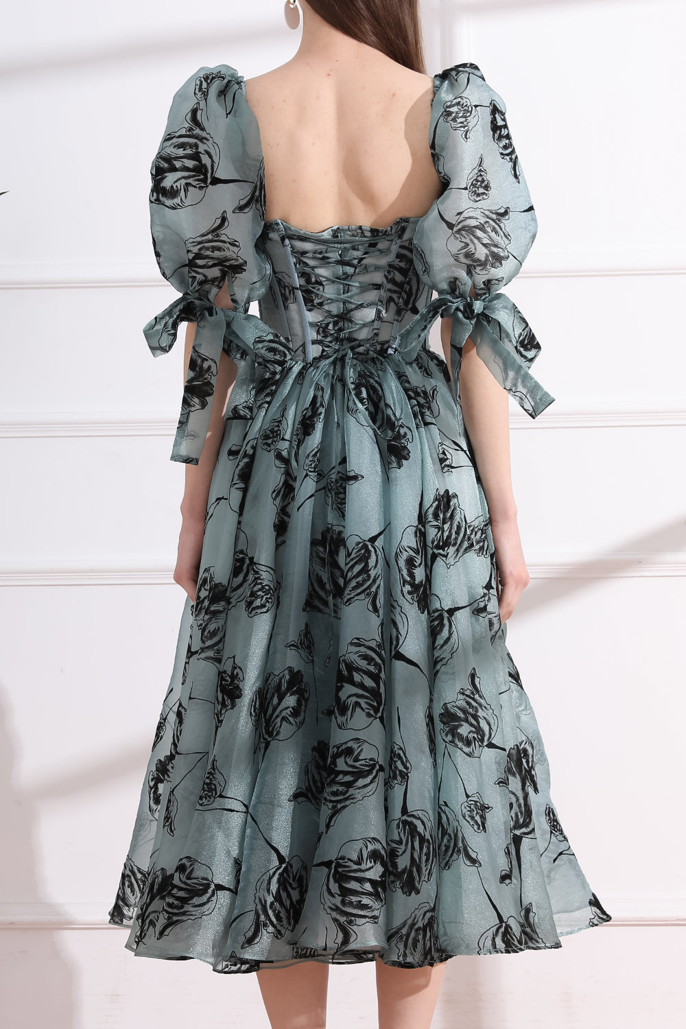 Corset Floral Print Organza Midi Dress with removable puff sleeves
