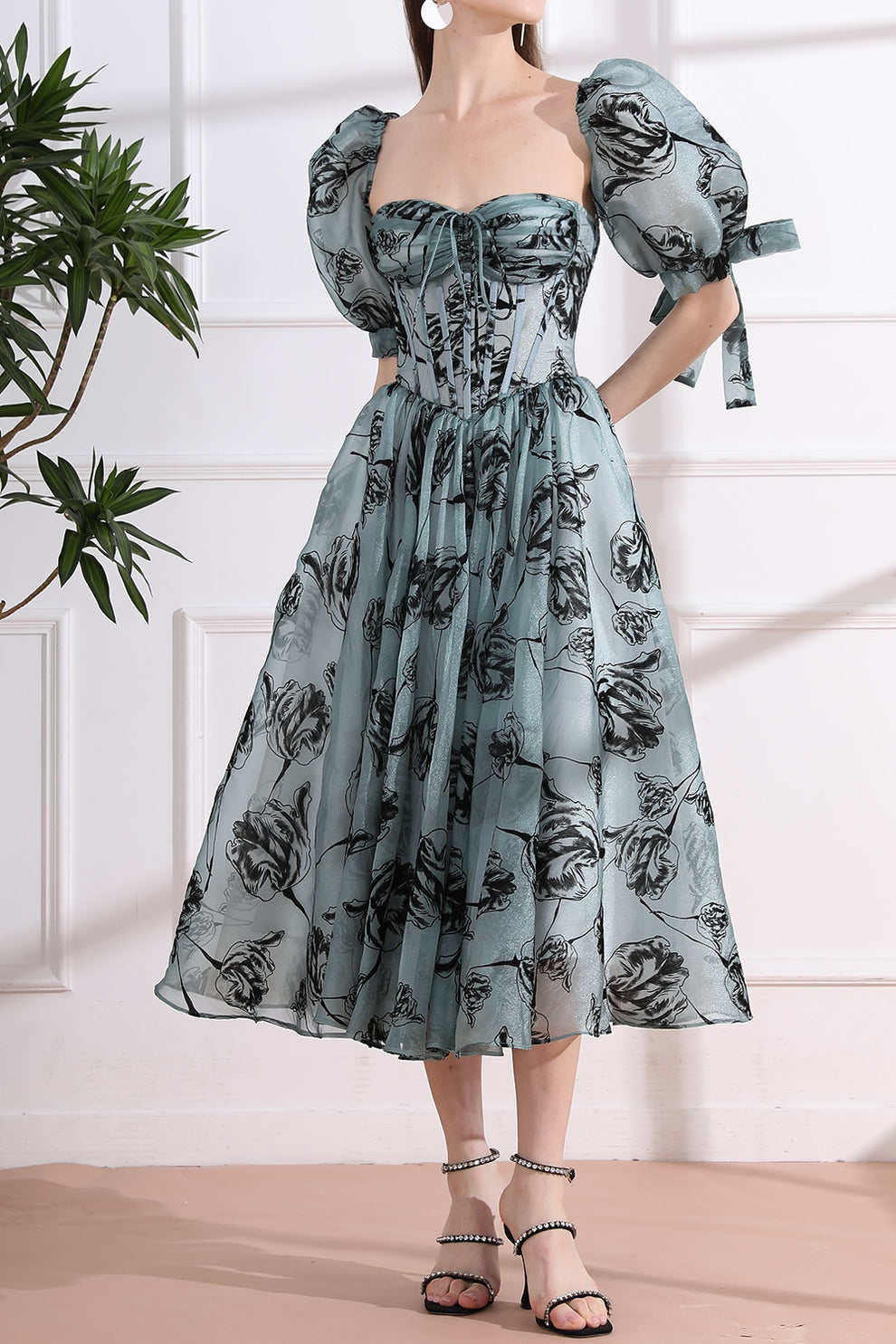MissJophiel Corset Floral Print Organza Midi Dress with removable puff