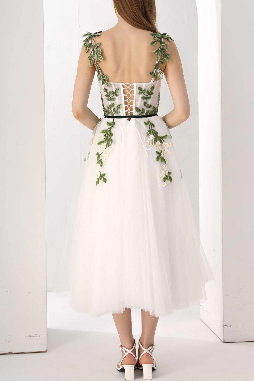 Corset Leaf Embroidered Midi Dress with removable Straps