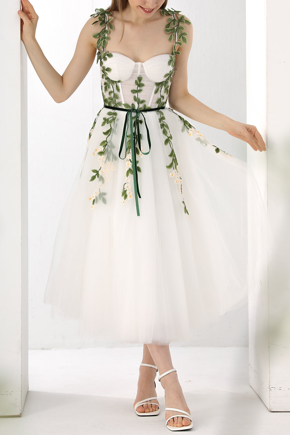 Corset Leaf Embroidered Midi Dress with removable Straps