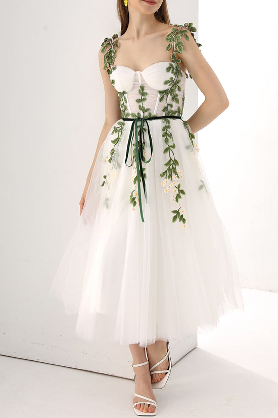 Corset Strapless Leaf Embroidered Dress with removable Straps