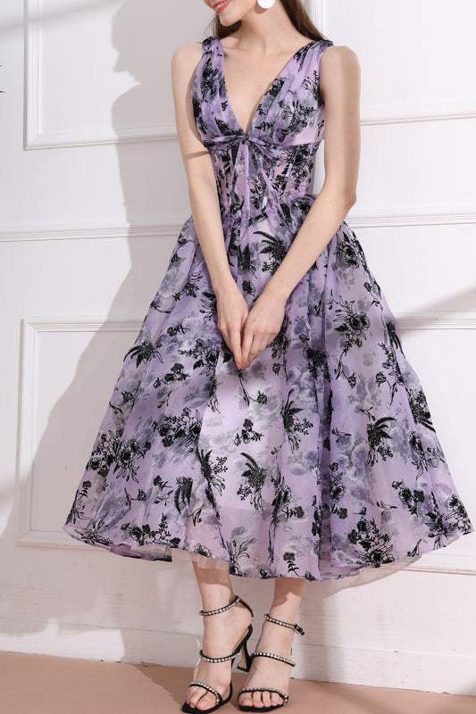 Straps V Neck Corset Floral Print Organza Midi Dress