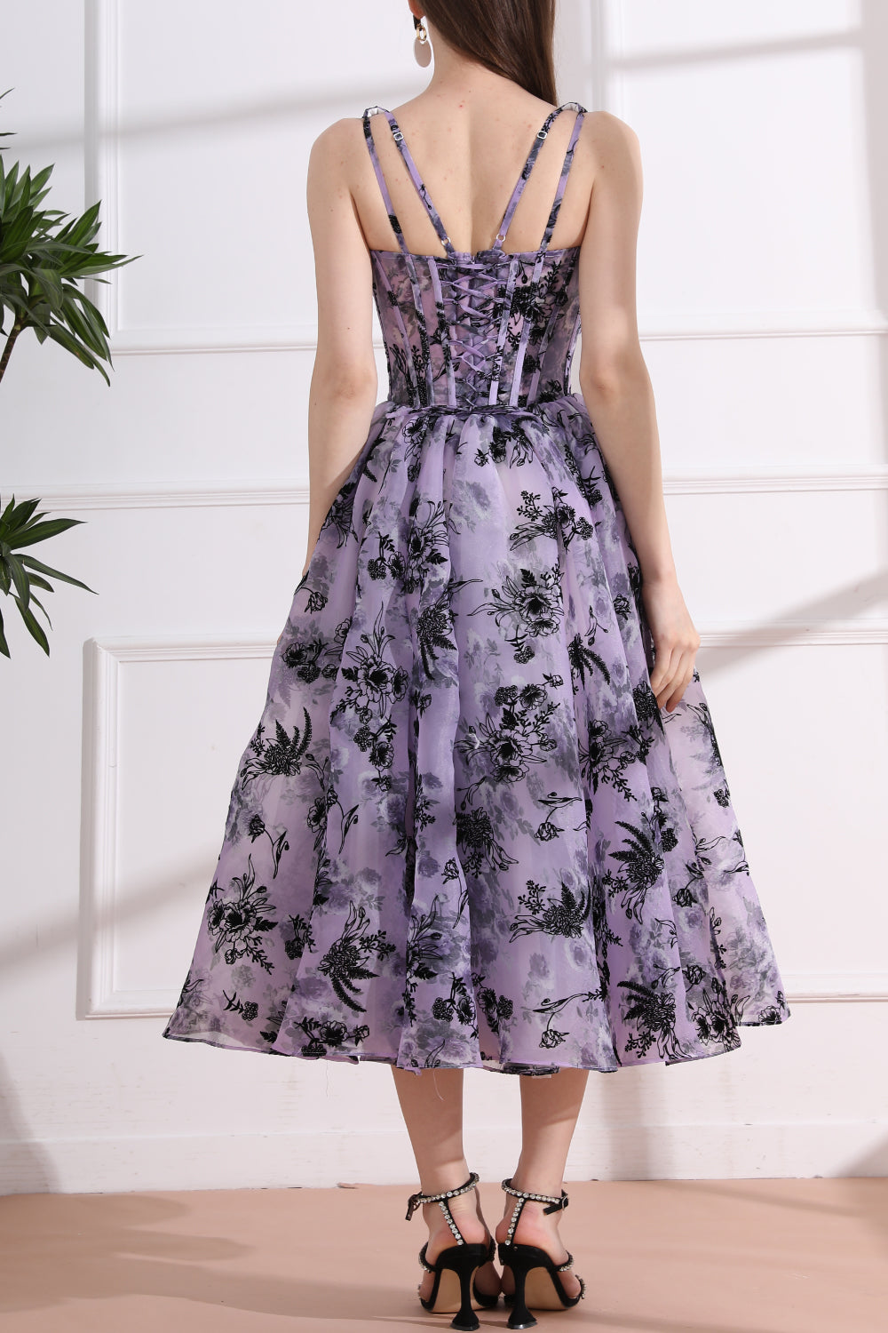 Straps V Neck Corset Floral Print Organza Midi Dress