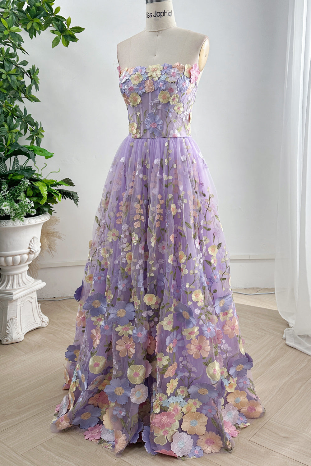 Corset Lavender Floral Embroidered Floor Lenght Prom Party Dress