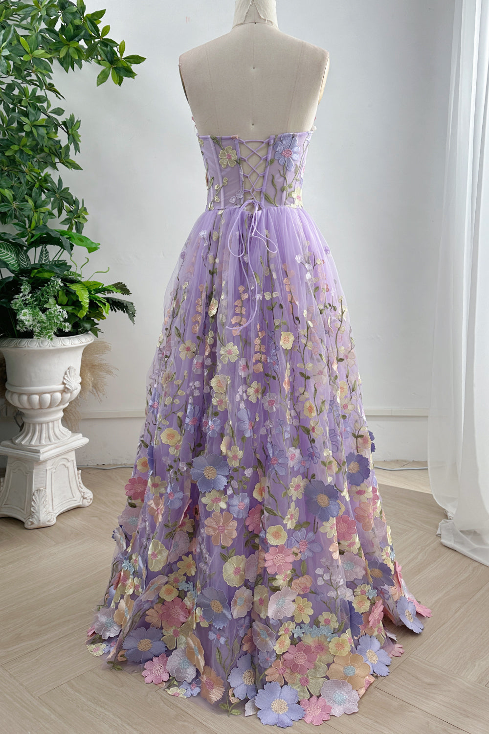 MissJophiel Strapless Corset YellowFloral Embroidered Midi Dress Yellow Floral / Tea Length / Custom Size / Plus Size