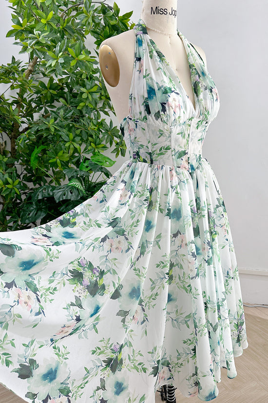 Belted Chiffon Midi Dress V Neck Short Puff Sleeve Floral Dress