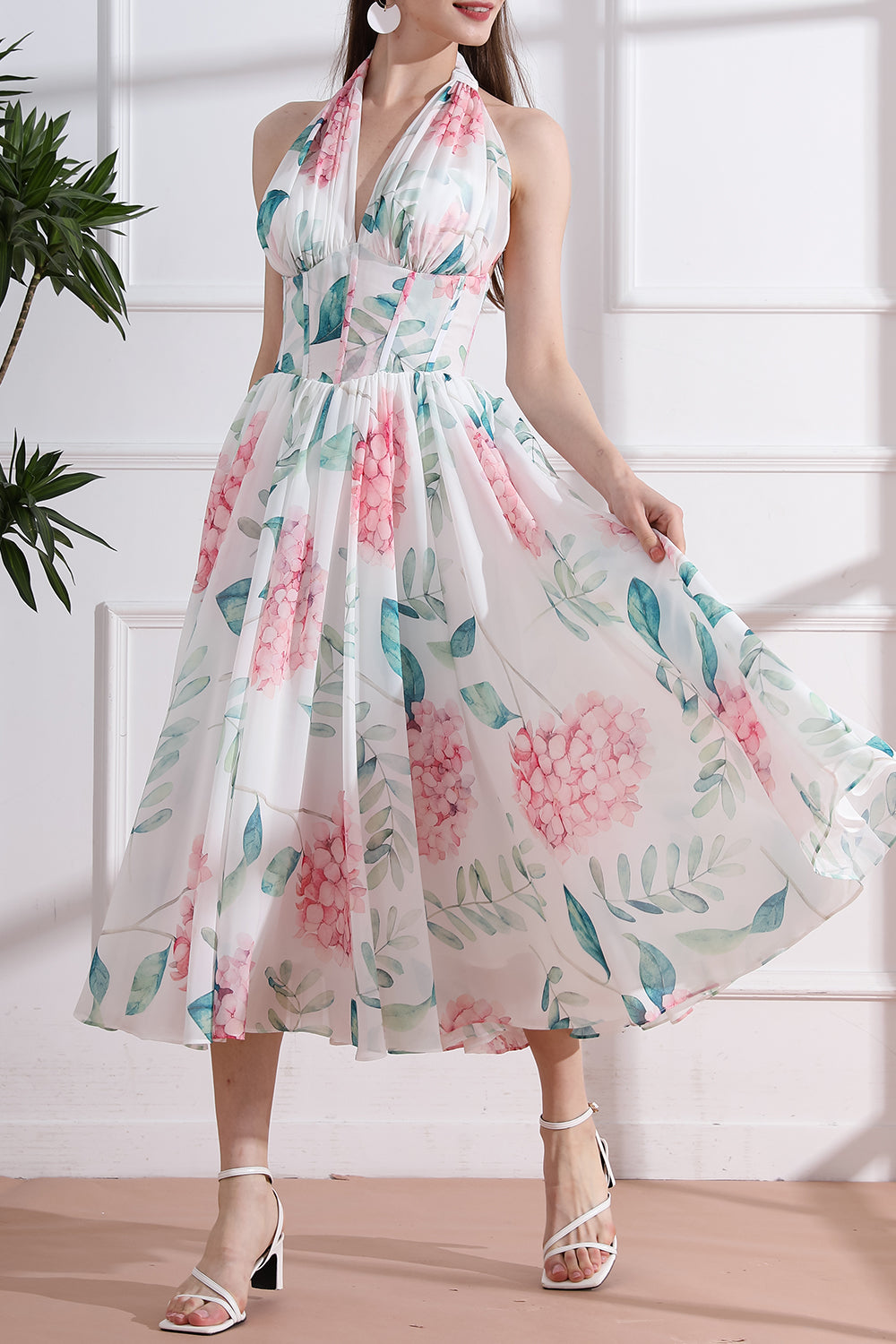 floral chiffon midi dress Maeve Strapless texture fabric Adelina Floral Chiffon Flounce Sleeve