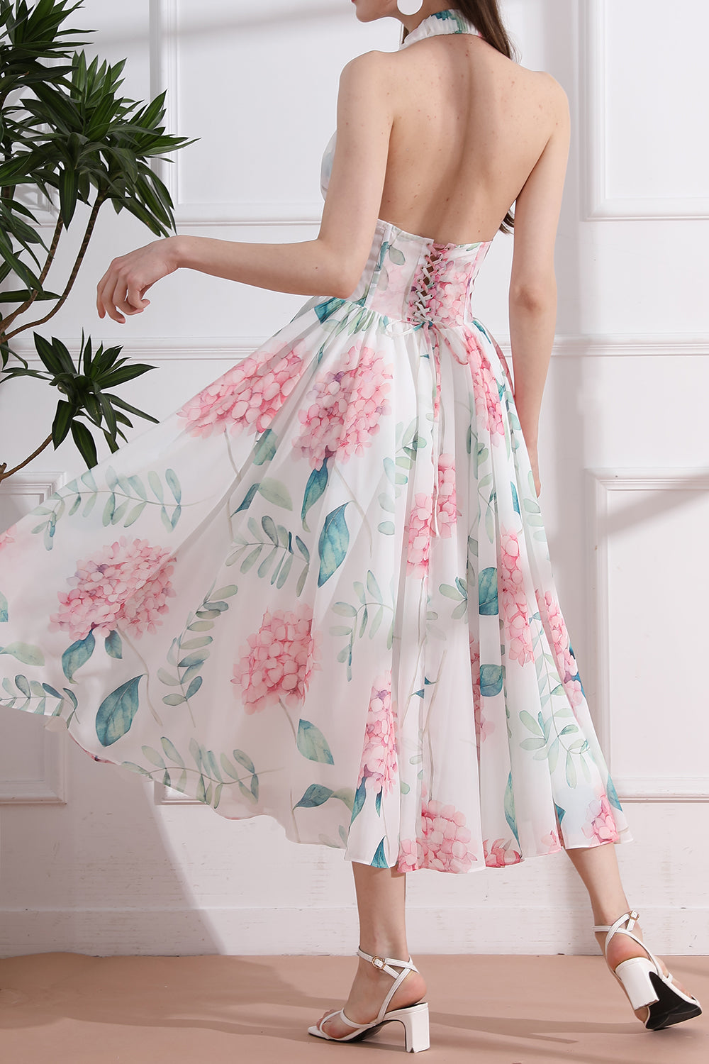 Halter V Neck Floral Chiffon Midi Dress