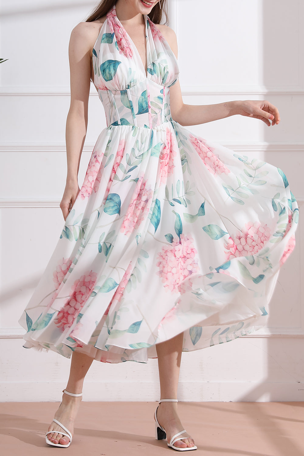 MissJophiel Halter V Neck Floral Chiffon Midi Dress