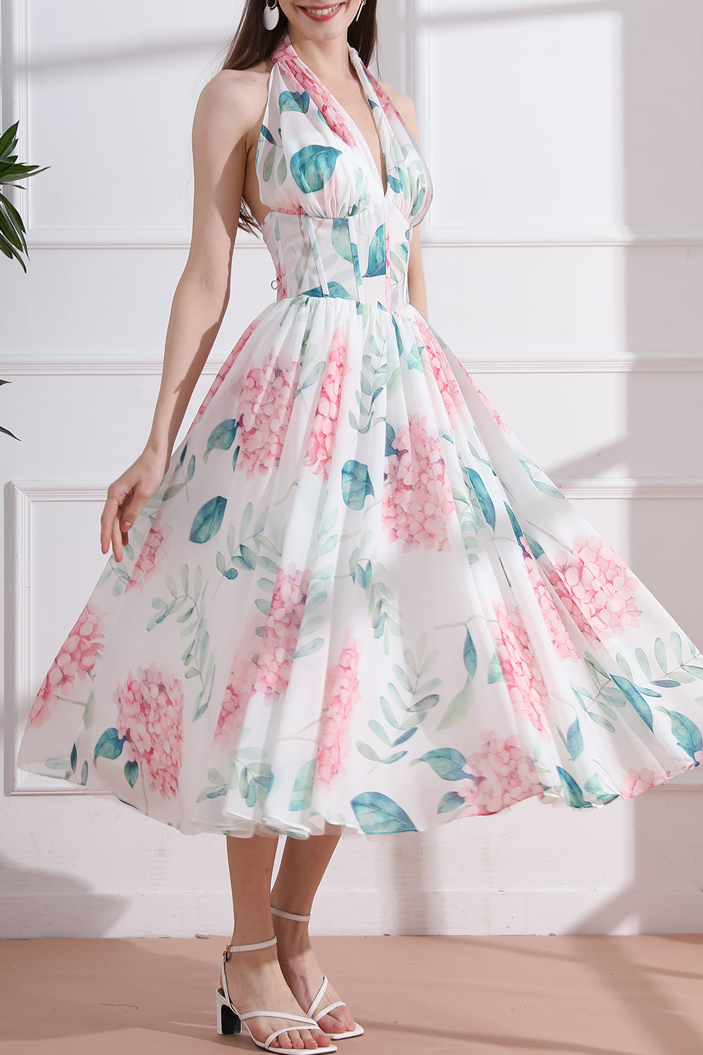 MissJophiel Halter V Neck Floral Chiffon Midi Dress