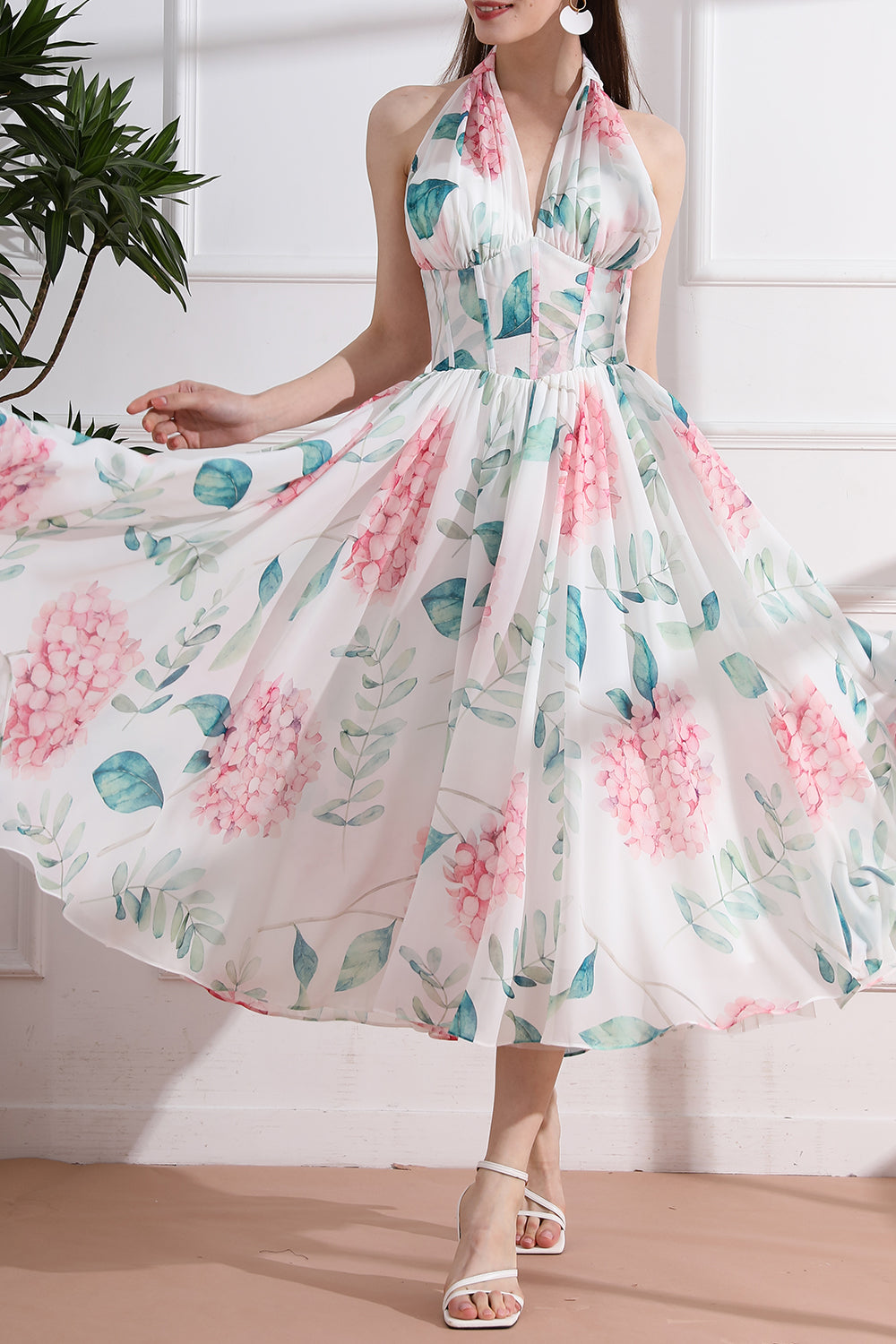 MissJophiel Halter V Neck Floral Chiffon Midi Dress