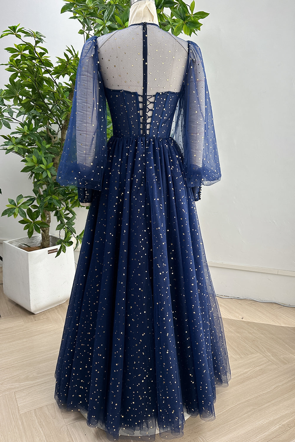 MissJophiel Long Sleeves Illusion Corset Dark Navy Dress with Slit Dark Green / Tea Length / US8 MissJophiel Long Sleeves Illusion Corset Dark Navy Dress with Slit Dark Green / Tea Length / US8