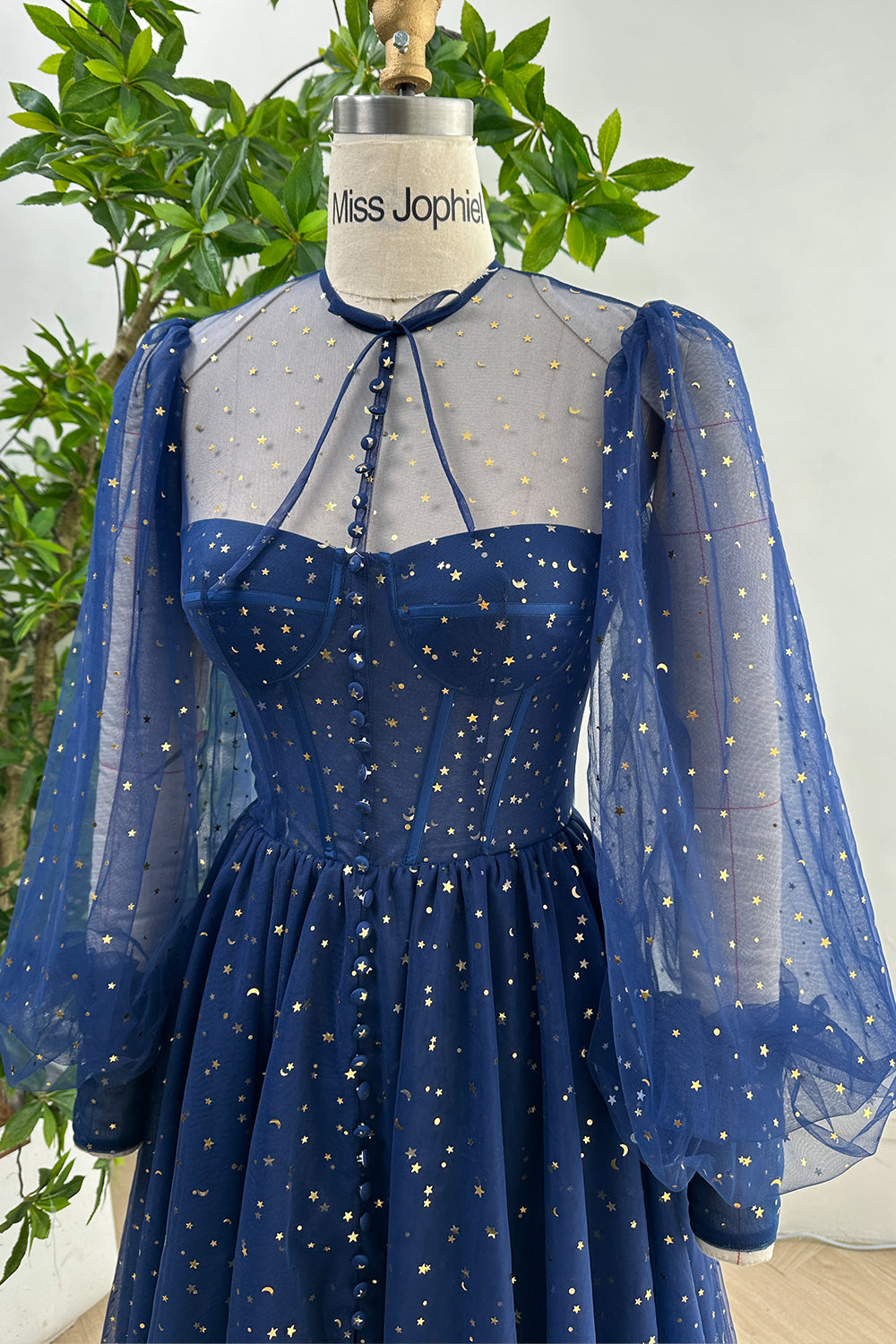 MissJophiel Long Sleeves Illusion Corset Dark Navy Dress with Slit Dark Navy / Tea Length / Custom Size / Plus Size MissJophiel Long Sleeves Illusion Corset Dark Navy Dress with Slit Dark Navy / Tea Length / Custom Size / Plus Size