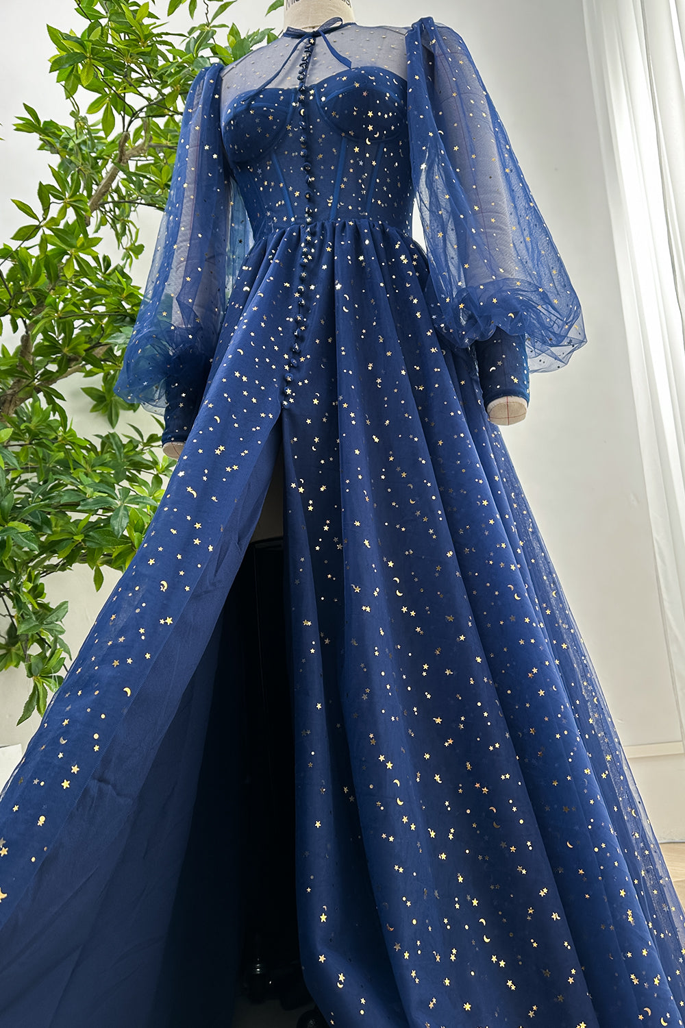 MissJophiel Long Sleeves Illusion Corset Dark Navy Dress with Slit Dark Green / Tea Length / US8 MissJophiel Long Sleeves Illusion Corset Dark Navy Dress with Slit Dark Green / Tea Length / US8