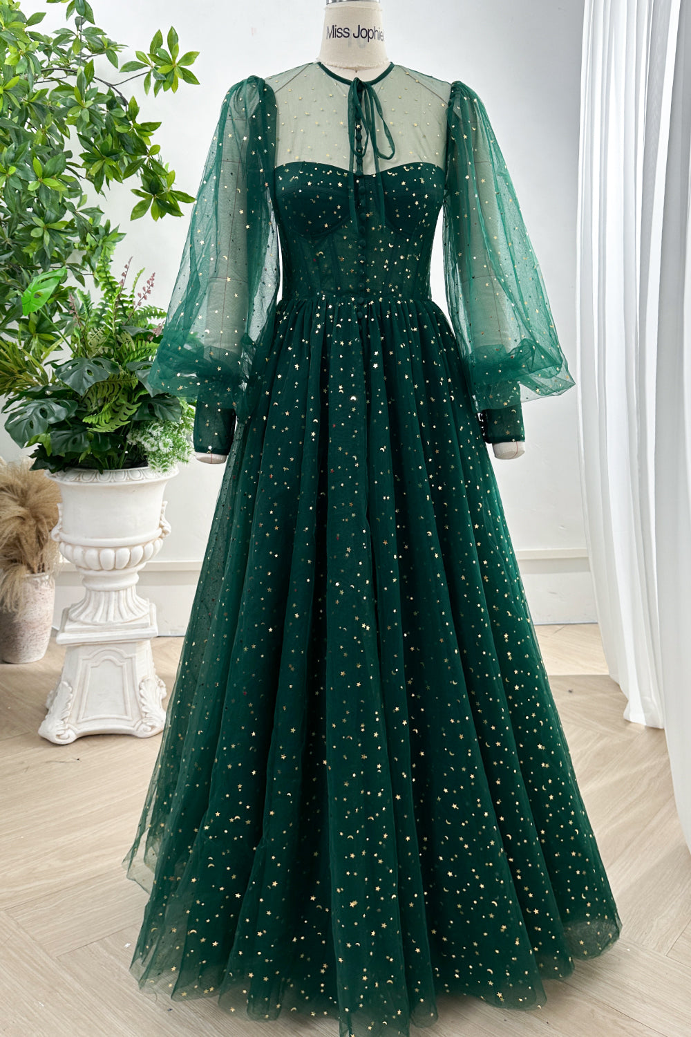 MissJophiel Long Sleeves Illusion Corset Dark Navy Dress with Slit Dark Green / Tea Length / US8 MissJophiel Long Sleeves Illusion Corset Dark Navy Dress with Slit Dark Green / Tea Length / US8