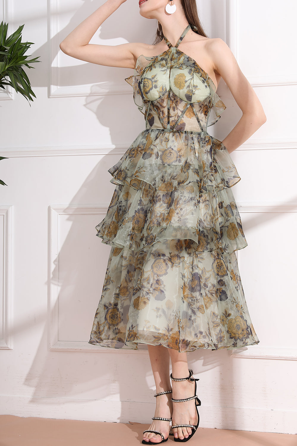 Halter Appliqued Corset Tiered Chiffon Slit Dress Daffodil