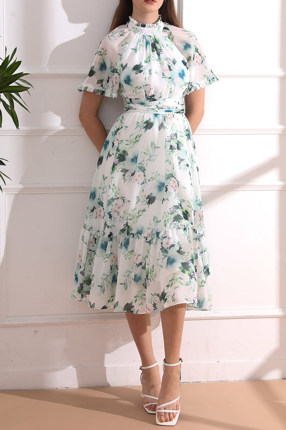 Raglan sleeves High Neck Floral Print Midi Dress