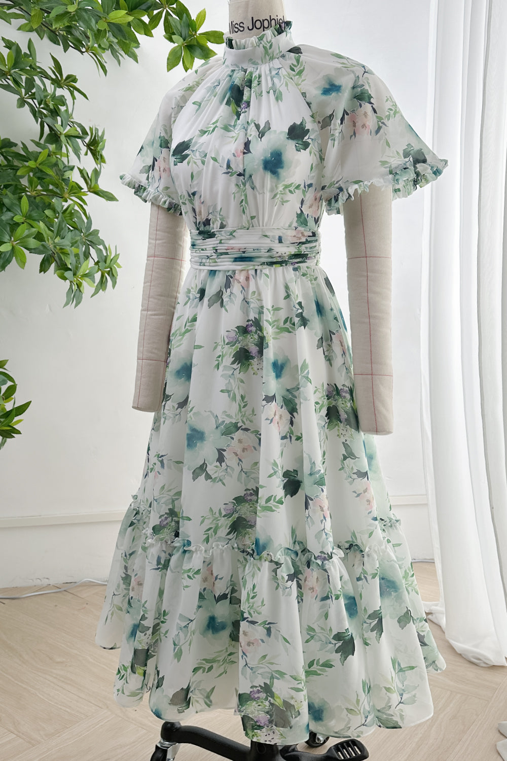 Raglan sleeves High Neck Floral Print Midi Dress