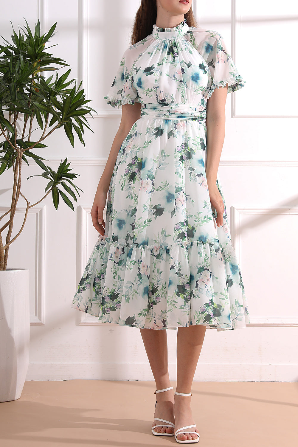 Raglan sleeves High Neck Floral Print Midi Dress