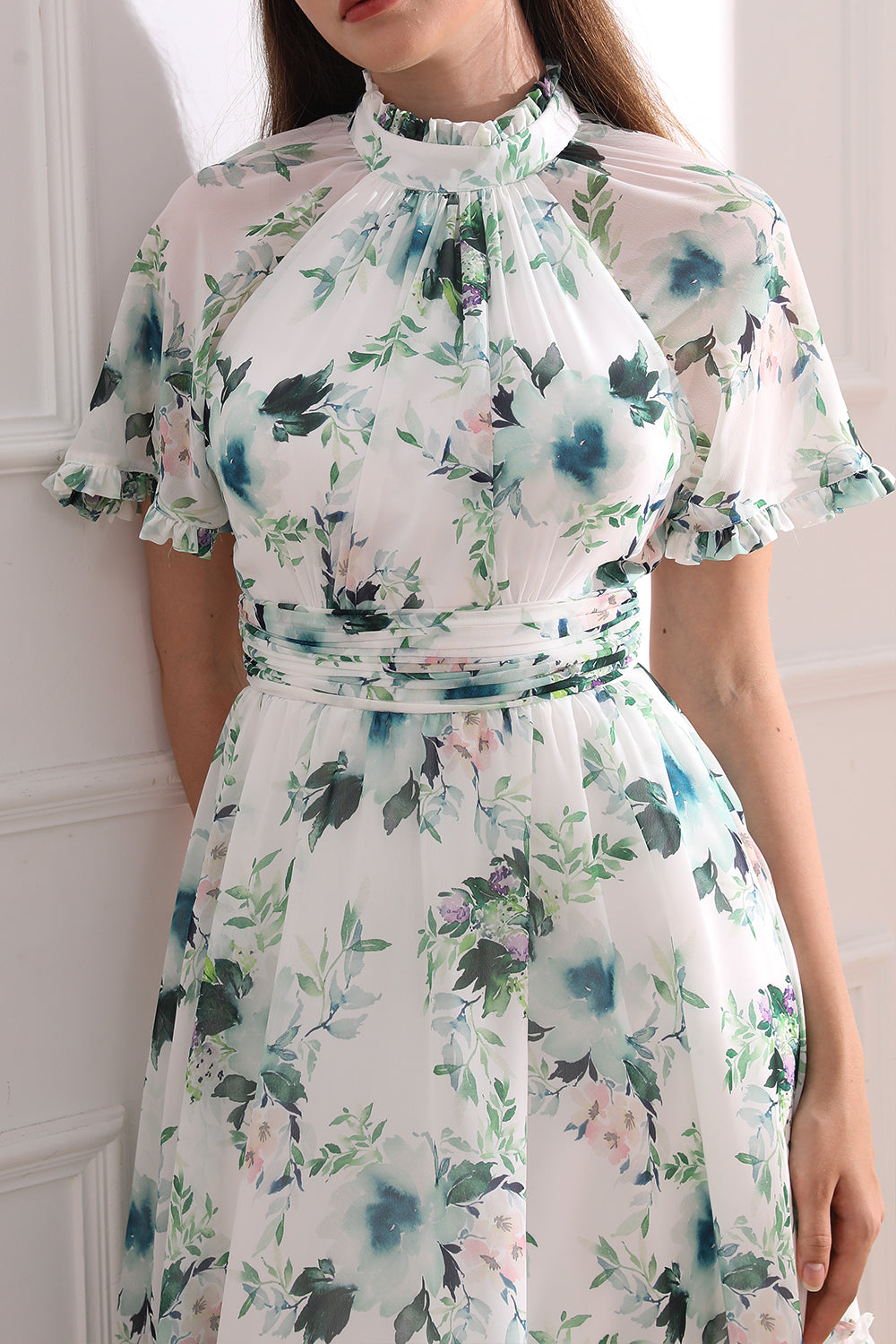 Raglan sleeves High Neck Floral Print Midi Dress