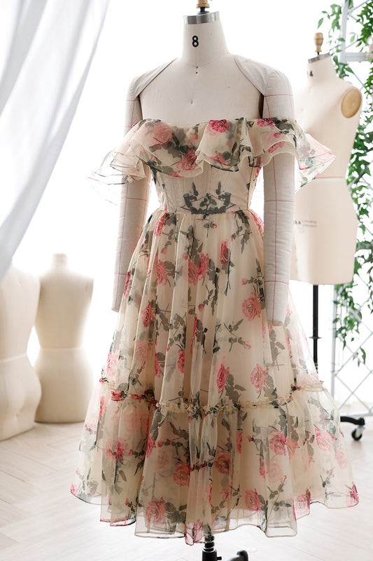 Corset Off the Shoulder Floral Print Organza Tiered Dress