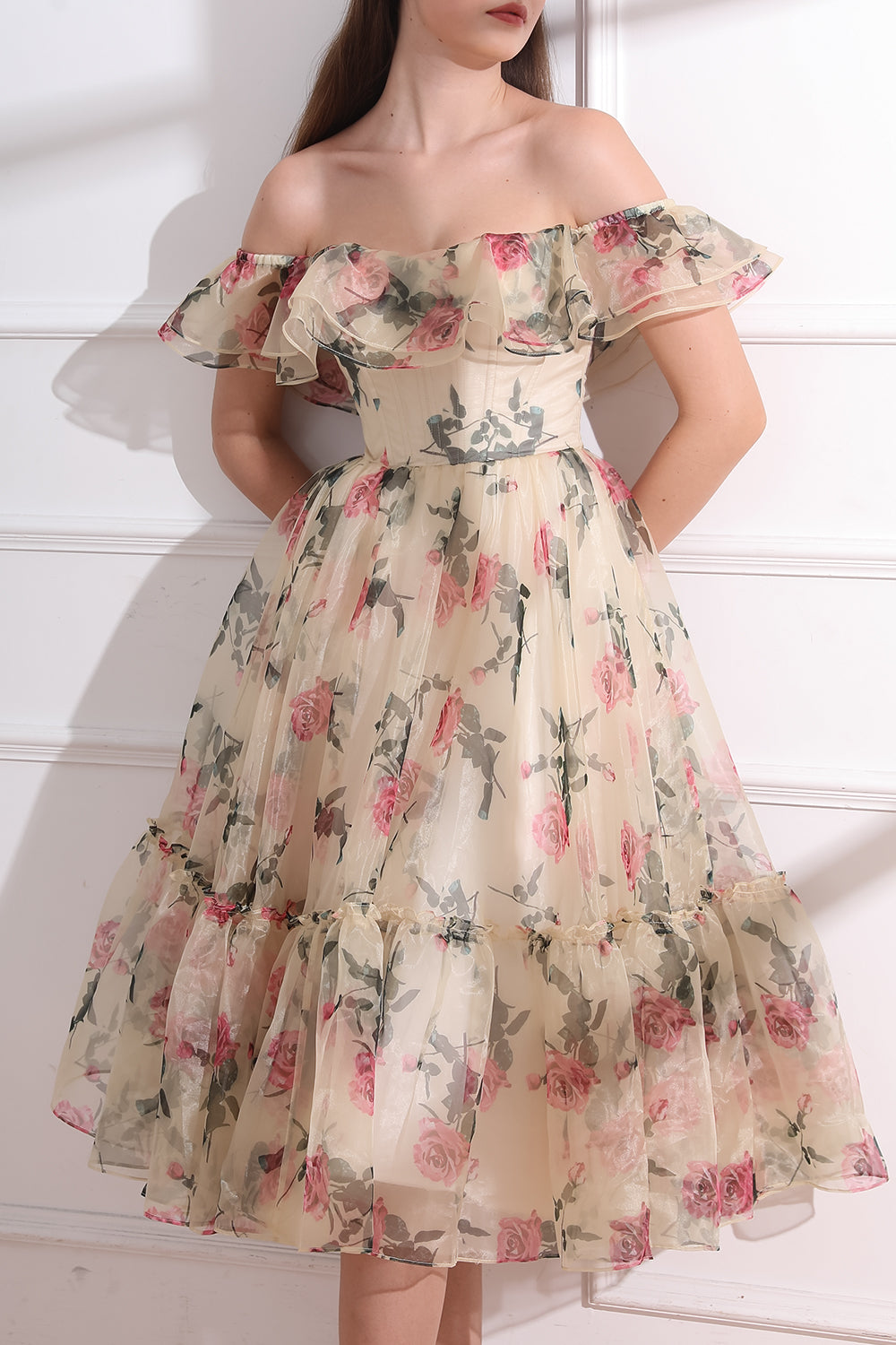 MissJophiel Corset Off the Shoulder Floral Print Organza Tiered Dress Ivory Floral Print / Above Knee / US4