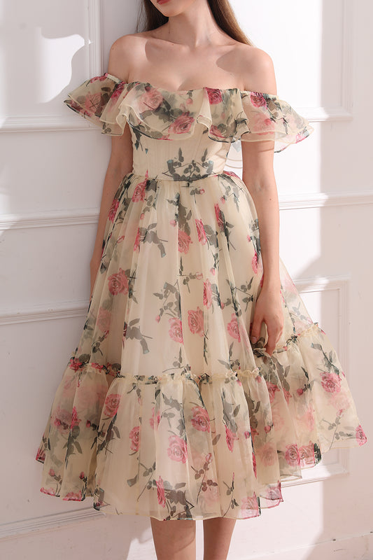 Corset Off the Shoulder Floral Print Organza Tiered Dress