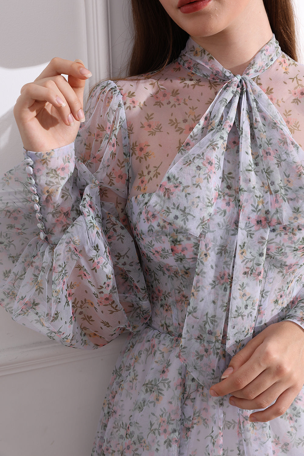Long Sleeves Illusion Corset Lavender Floral Dress