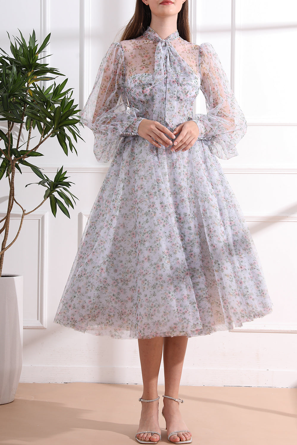 MissJophiel Long Sleeves Illusion Corset Lavender Floral Dress
