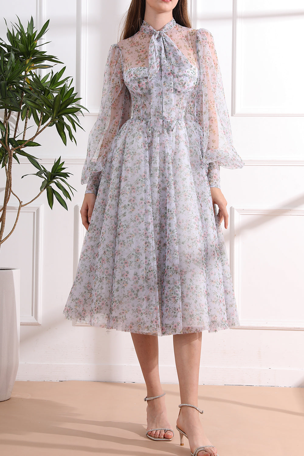 MissJophiel Long Sleeves Illusion Corset Lavender Floral Dress