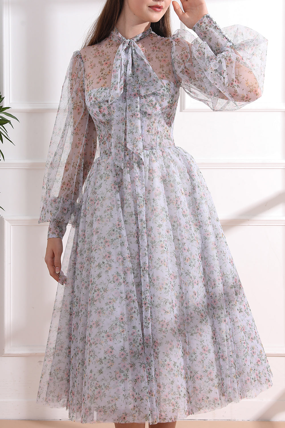 Long Sleeves Illusion Corset Lavender Floral Dress