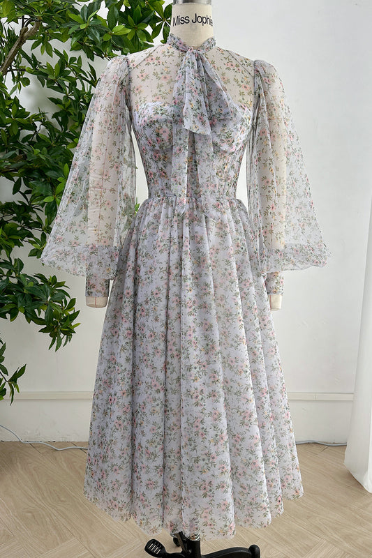 MissJophiel Long Sleeves Illusion Corset Lavender Floral Dress