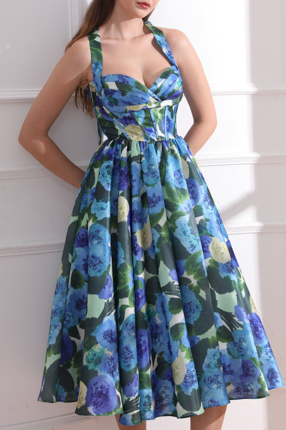 MissJophiel Corset Blue Green Floral Print Satin Dress Tie Straps