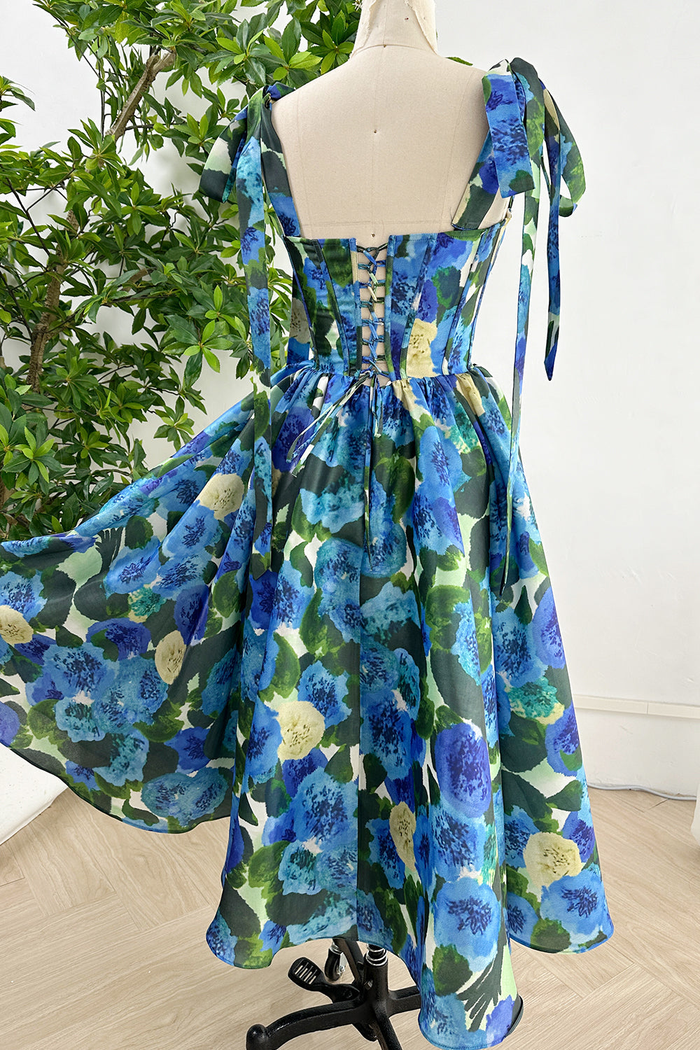 MissJophiel Corset Blue Green Floral Print Satin Dress Tie Straps