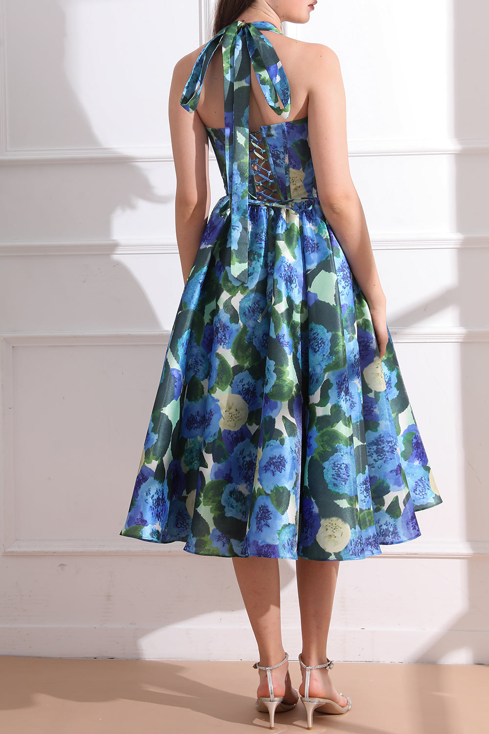 MissJophiel Corset Blue Green Floral Print Satin Dress Tie Straps Other / Tea Length / US2 MissJophiel Corset Blue Green Floral Print Satin Dress Tie Straps Other / Tea Length / US2