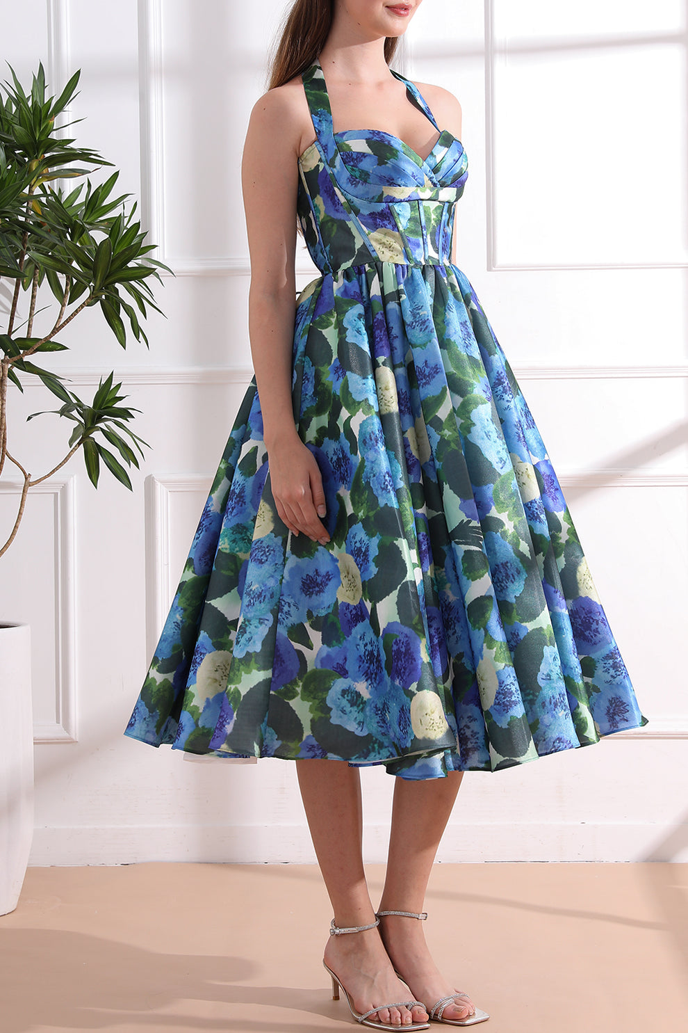 MissJophiel Corset Blue Green Floral Print Satin Dress Tie Straps